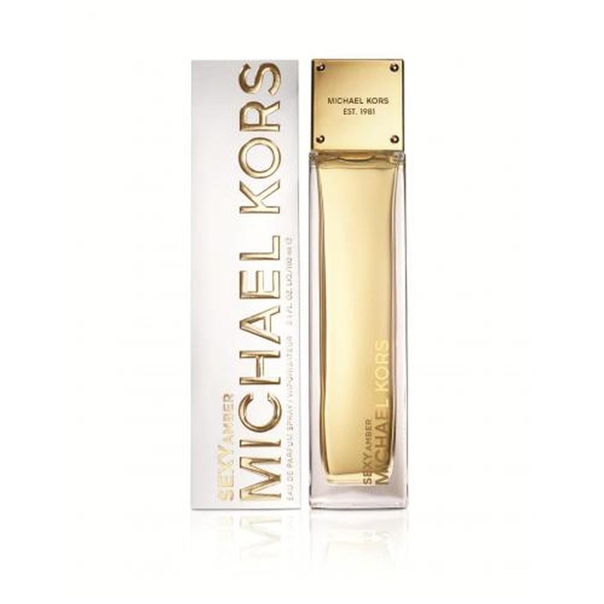 Profumo Michael Kors Sexy Amber EDP 100ml, flacone rettangolare con tappo dorato