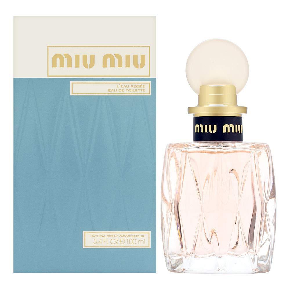 Confezione blu Miu Miu L'Eau Rosée e flacone profumo 100ml con tappo bianco