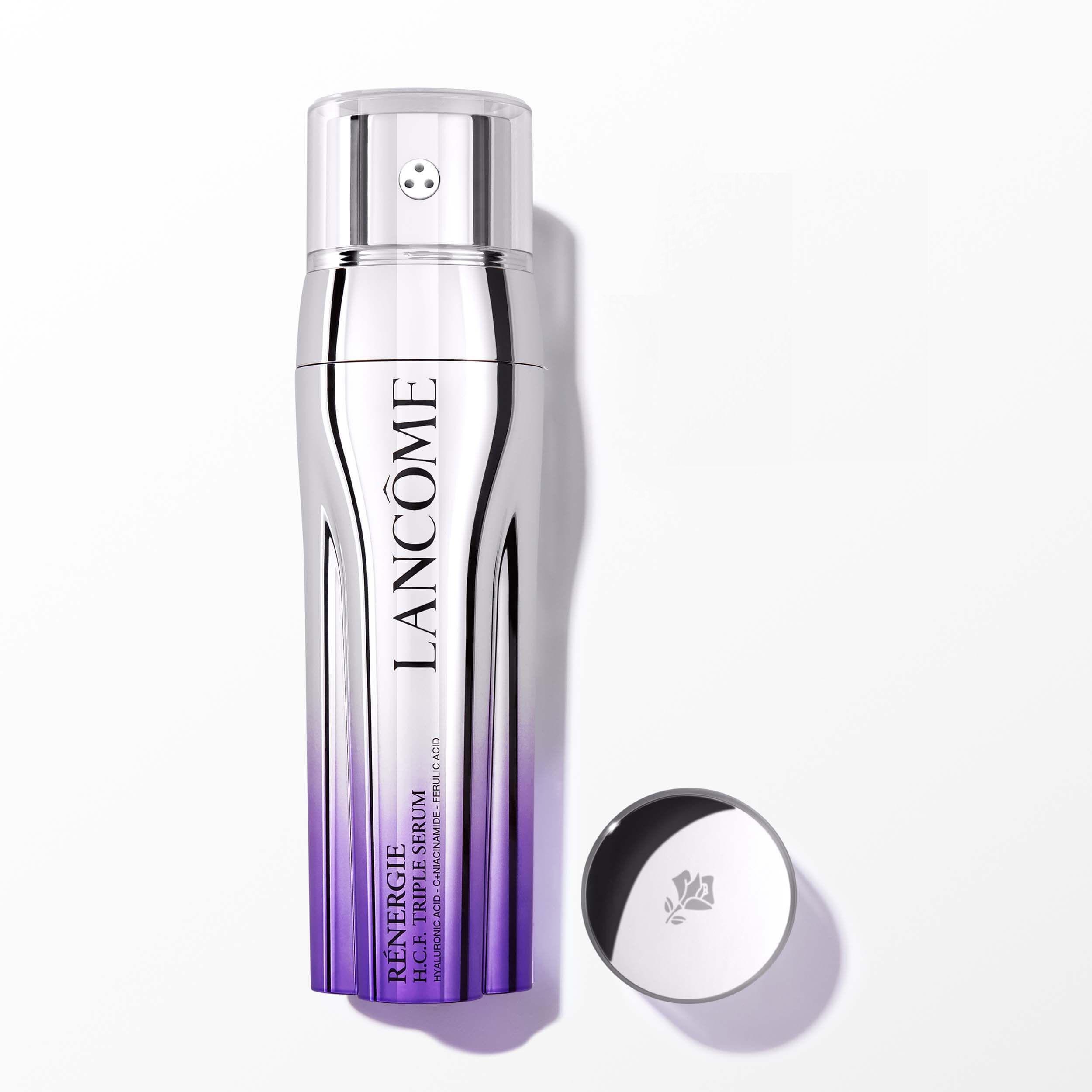 lancome lan.ren.h.f.c. 3-serum 20ml - foto 1 Bottiglia spray trasparente con sfumatura bianco-viola, scritta LANCOME e tappo rotondo con logo