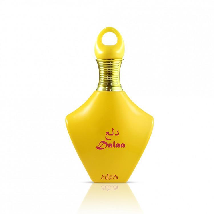 nabeel e.d.p.nabeel dalaa 100ml - foto 1 Bottiglia di profumo giallo Nabeel Dalaa 100ml con tappo e anello dorato, vista frontale