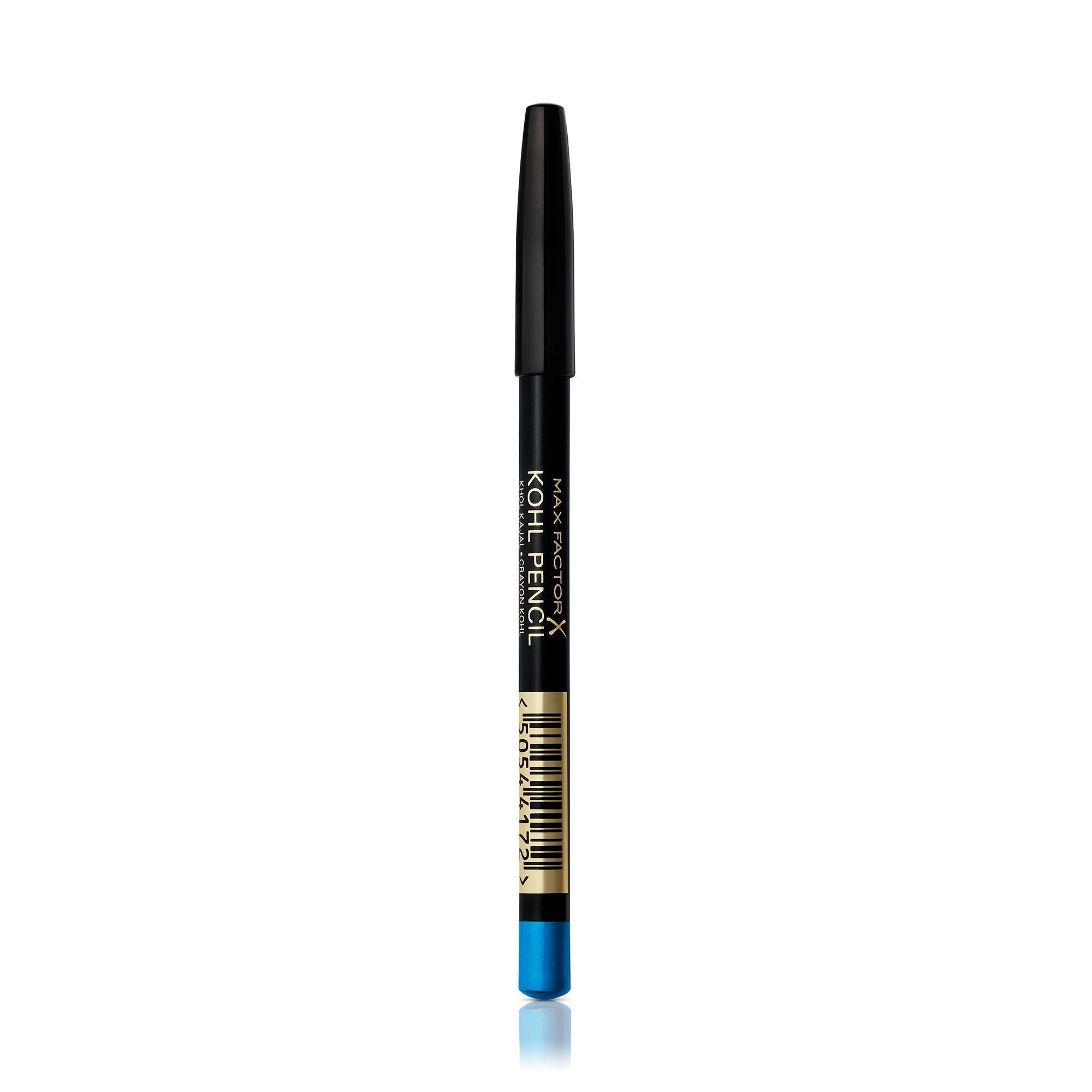 Matita kajal nera Max Factor con fascia dorata e punta blu su sfondo bianco