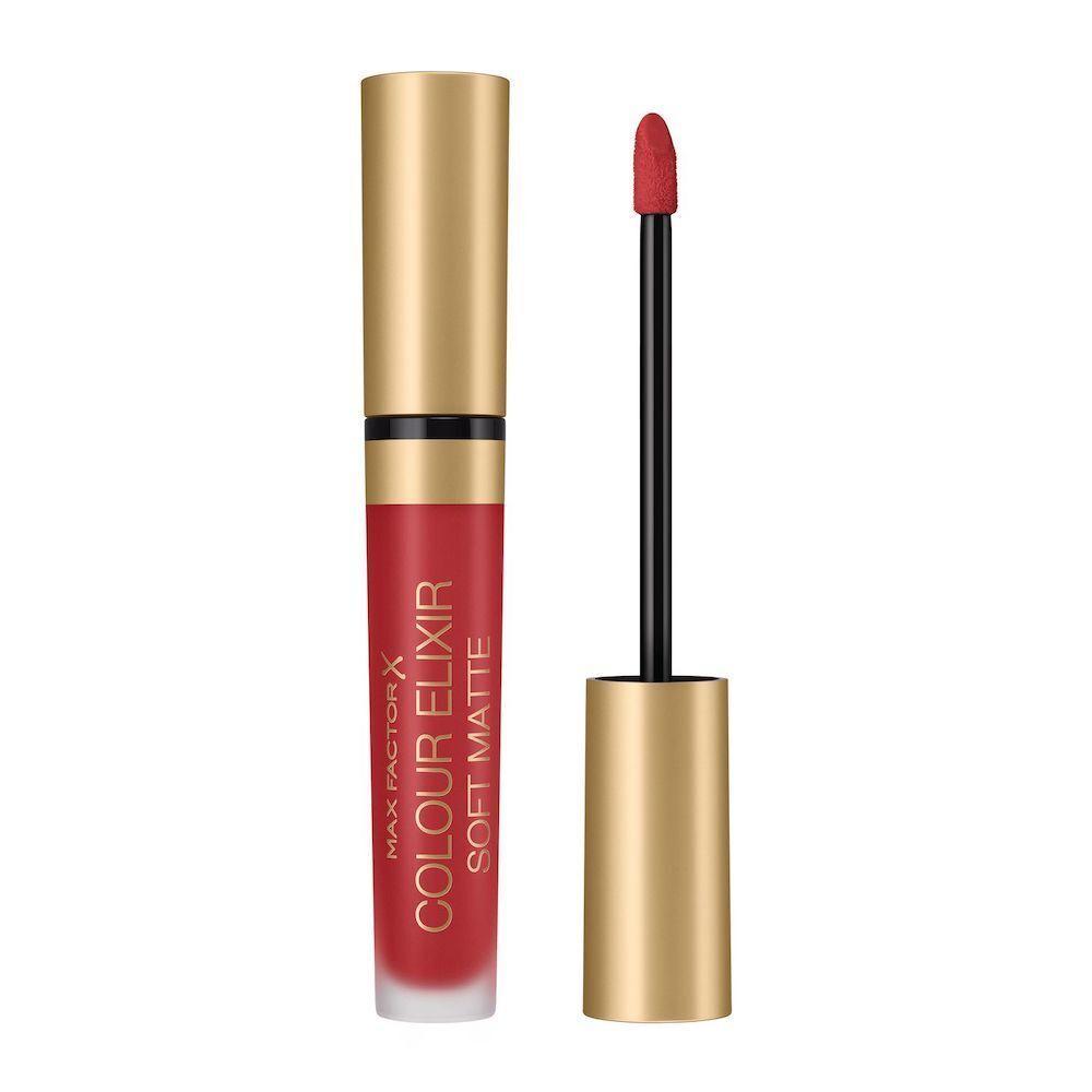 Rossetto liquido Max Factor Color Elixir Soft Matte 030 rosso scuro, flacone con applicatore a punta fine e tappo dorato