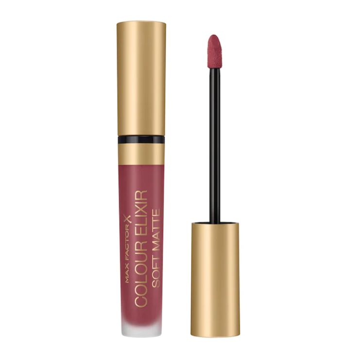 Rossetto liquido MAX FACTOR Colour Elixir Soft Matte con applicatore aperto, accanto alla confezione