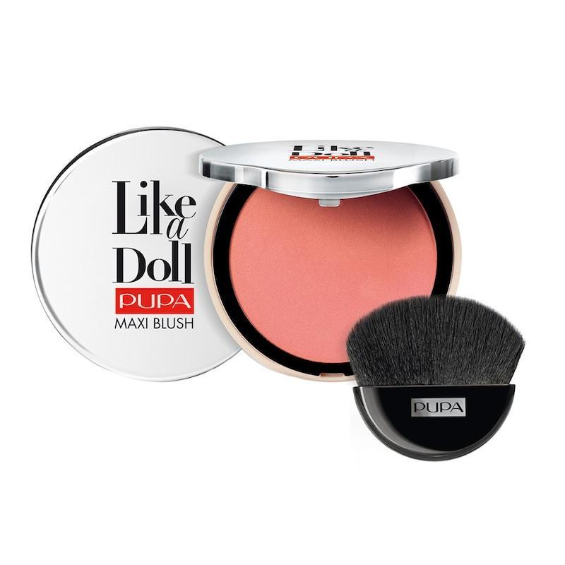 Fard compatto beige-rosa con packaging bianco e nero, confezione aperta, pennello nero incluso
