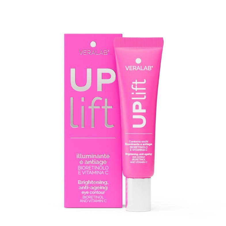 Scatola e tubo di crema contorno occhi VERALAB UPLIFT su sfondo bianco