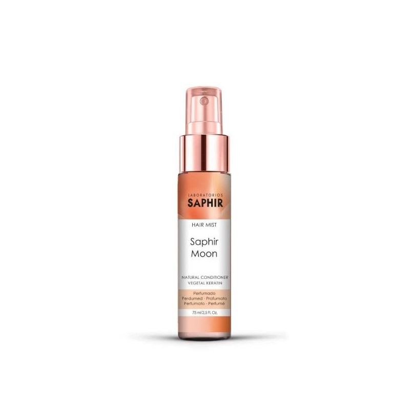 Spray per capelli Saphir Hair Mist Moon 75ml con flacone arancio su sfondo bianco