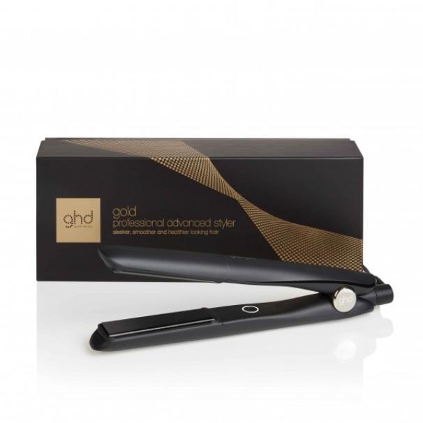 Piastra per capelli GHD V Gold Hydra con confezione grigio-nera e nastro oro