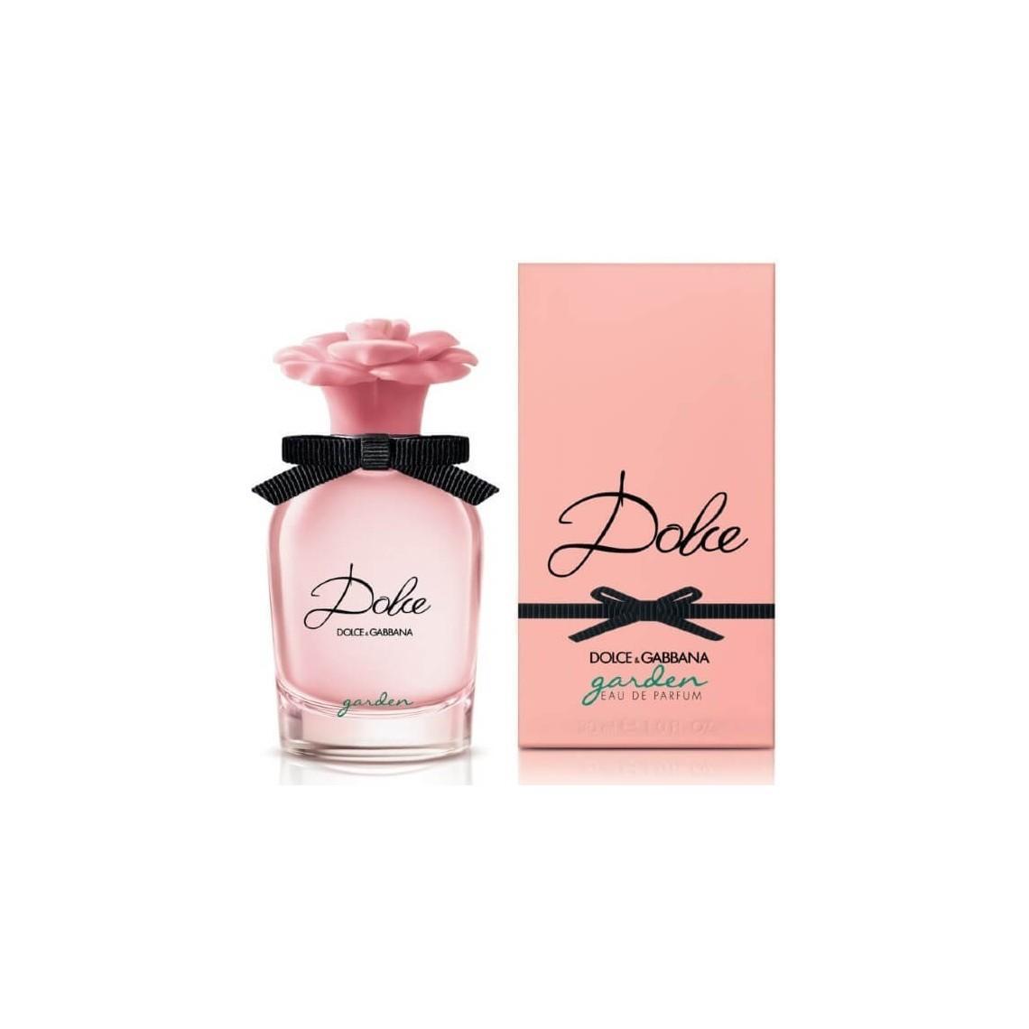 Bottiglia profumo Dolce&Gabbana Dolce Garden 30ml, flacone trasparente rosa con tappo fiore, packaging rosa