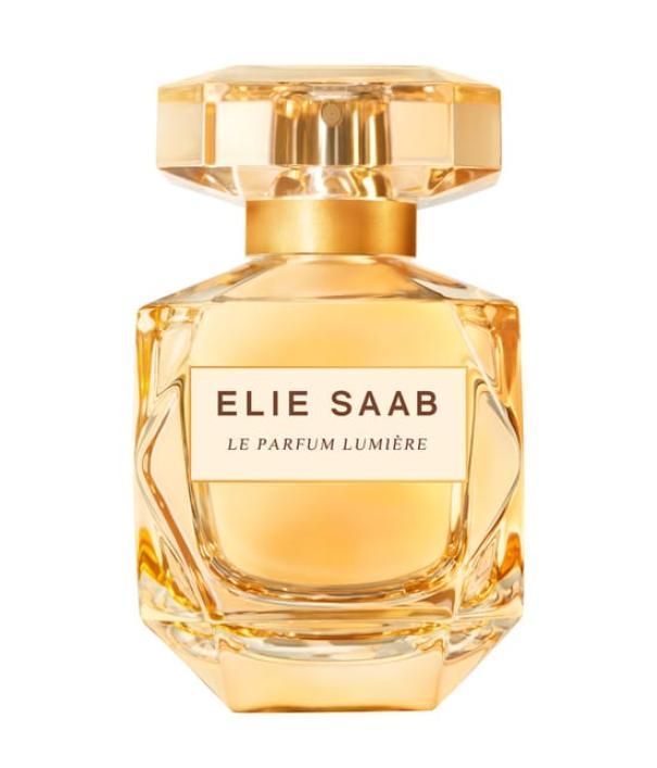 Flacone ELIE SAAB LE PARFUM LUMIERE 50 ML su sfondo bianco, cap dorato ottagonale