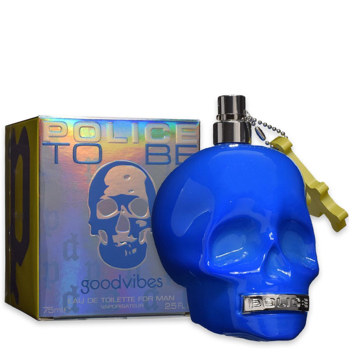 police e.d.t.police goodvibes man 75ml - foto 1 Profumo Police Goodvibes Man flacone blu a forma di teschio con confezione e charm metallico