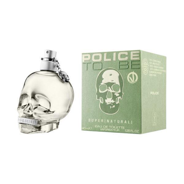 Flacone profumo Police To Be Super 40ml a forma di teschio con tappo cromato e scatola di confezione verde