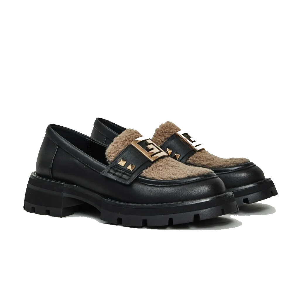 Mocassino loafer nero in pelle con fascia decorativa beige e oro