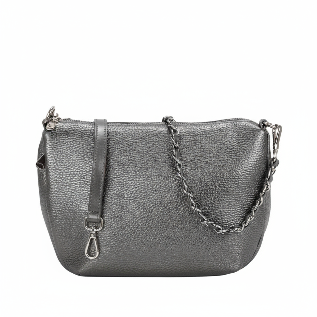 Borsa donna DUCATO D25316, colore acciaio, in pelle con tracolla a catena