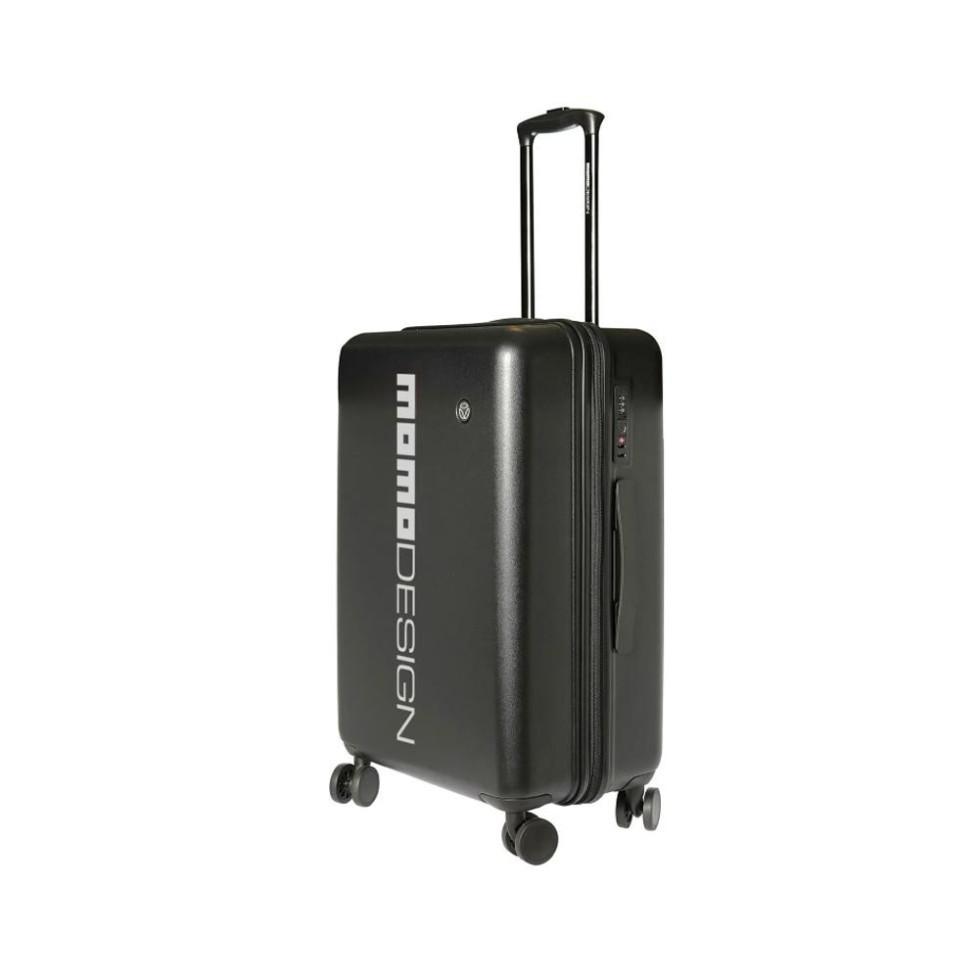 Trolley nero ripreso da angolazione laterale con logo sulla superficie