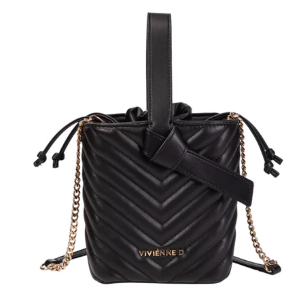 Borsa a secchiello donna Vivienne D, nero, manici catena e cordini, vista frontale