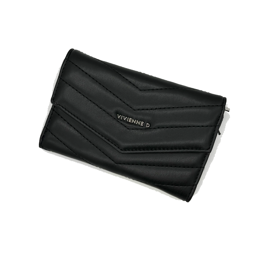 Portafoglio donna Vivienne nero in pelle, design trapuntato, vista 3/4