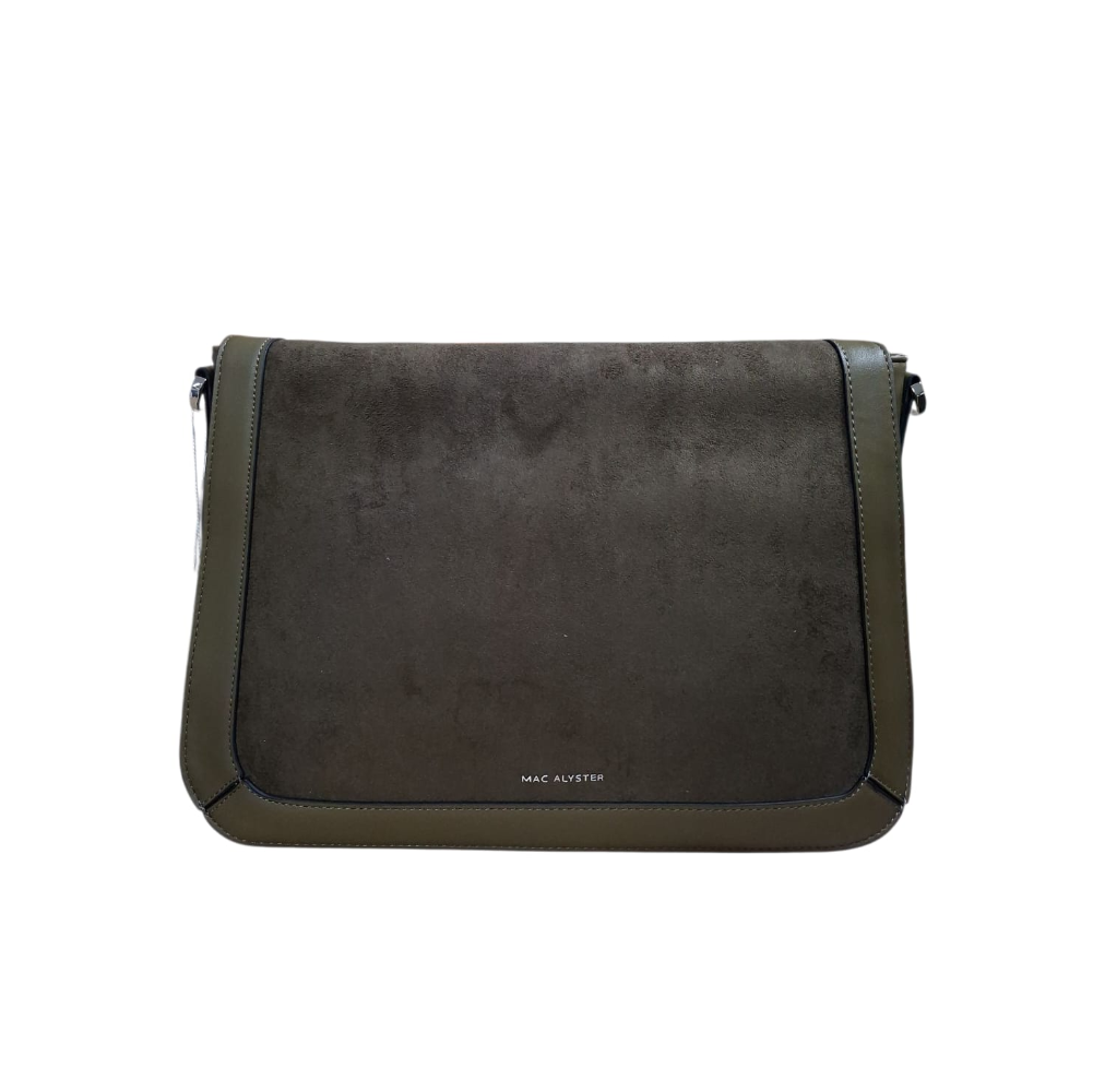 Borsa a tracolla donna in suede/pelle marrone scuro con dettagli in contrasto, vista frontale