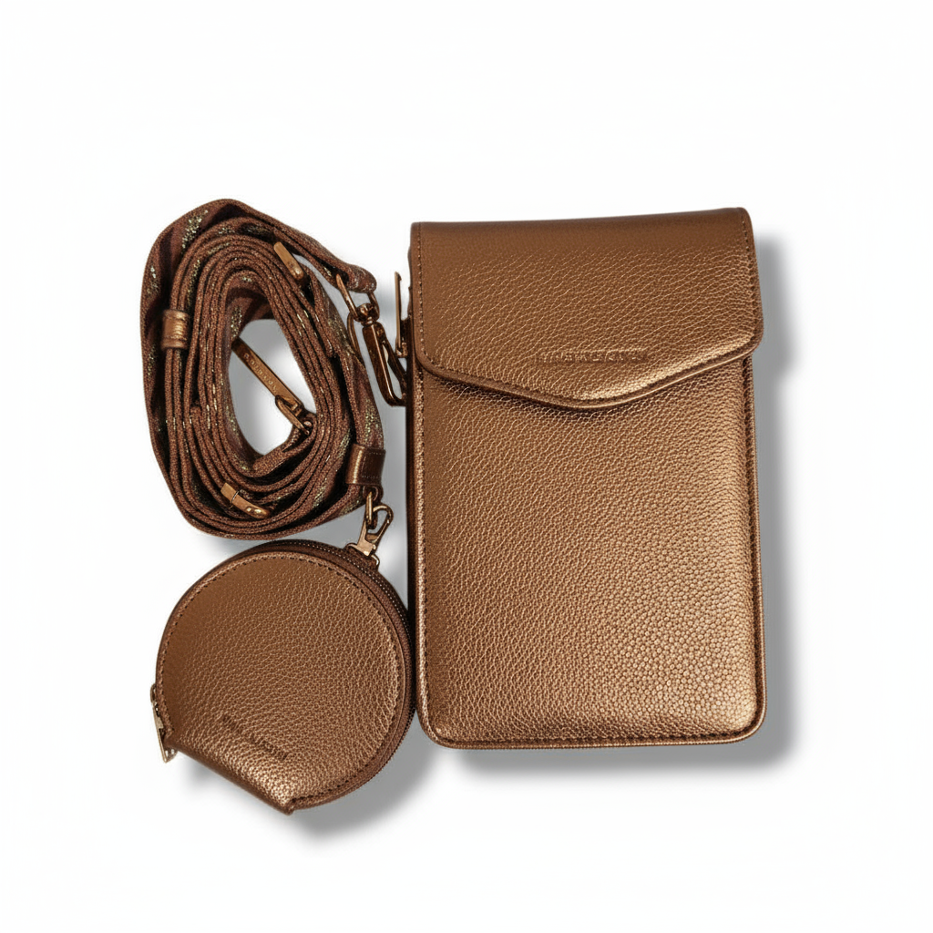 Porta cellulare in pelle color bronzo con tracolla, borsa rotonda e cinturino