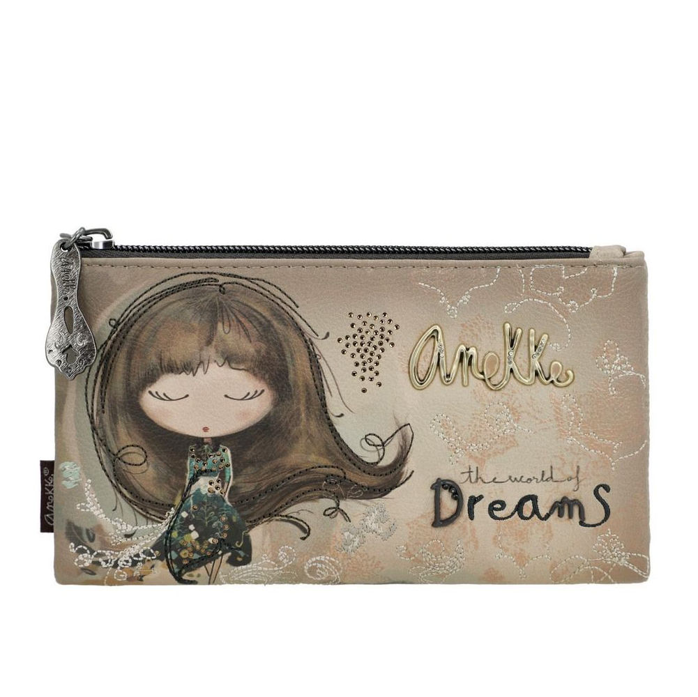 Portafoglio sintetico beige e marrone con illustrazione di ragazza e scritta Dreams