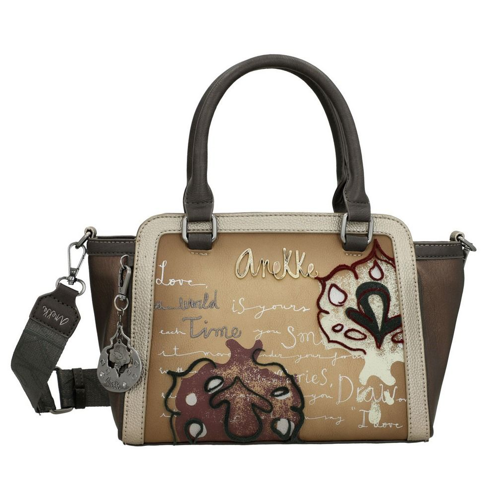Borsa a mano ANEKKE con manici neri, corpo tela beige, disegni animali, tracolla removibile