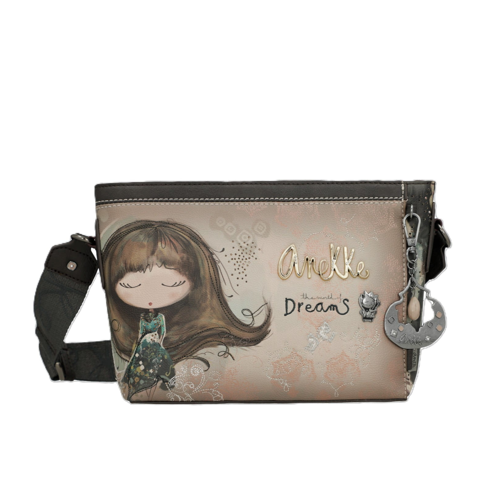 anekke anekke borsa bandolera 41703-493 - foto 1 Borsa a tracolla ANEKKE 41703-493 beige/grigio con illustrazione ragazza e scritta Dreams, tracolla nera
