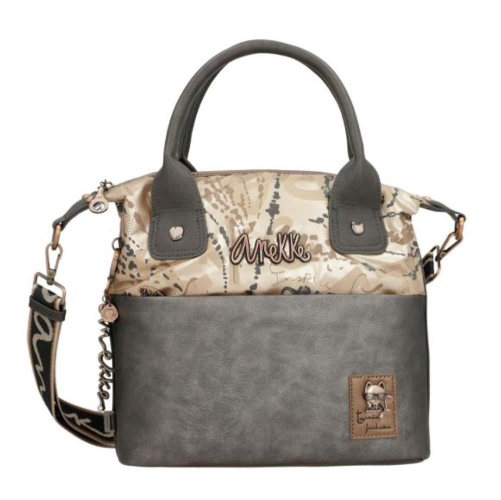 Borsa donna due manici, pannello beige a stampa floreale, pannello inferiore grigio scuro, manici neri