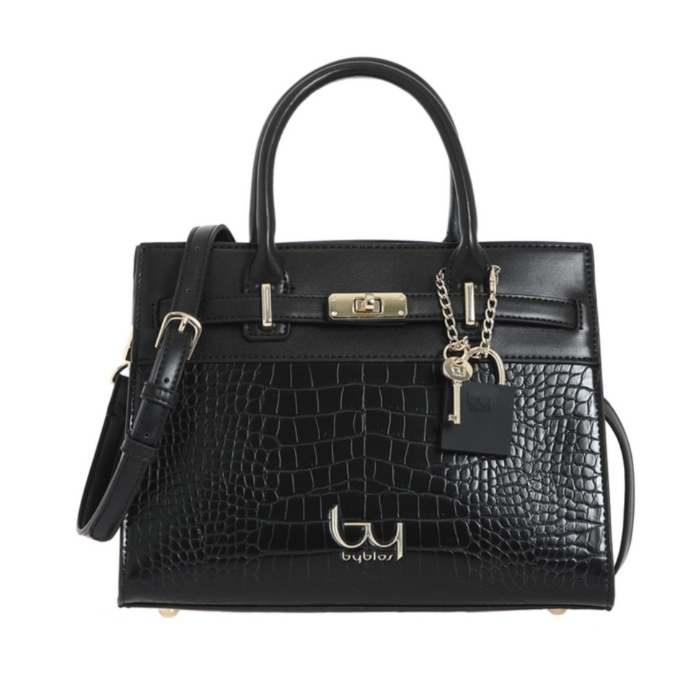 byblos byblos borsa sintetico bybs58b02 t04 nero - foto 1 Borsa nera in sintetico con motivo coccodrillo, manici ecopelle, accessori dorati