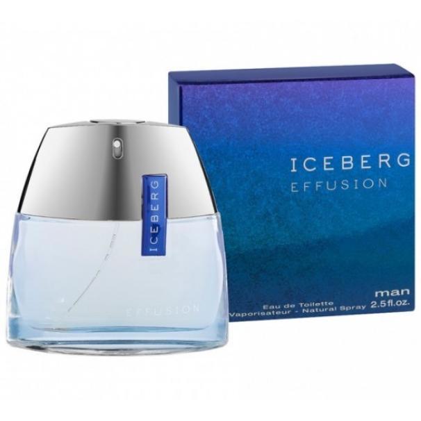 iceberg e.d.t.iceberg effusion w.v.75 - foto 1 Flacone trasparente di Iceberg Effusion con liquido azzurro e confezione blu