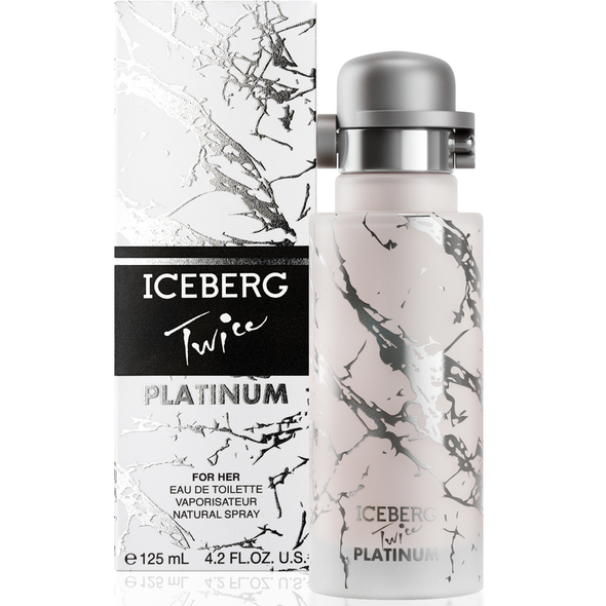 Flacone Iceberg Twice Platinum 125 ml con effetto splash su sfondo, accanto scatola nera e bianca