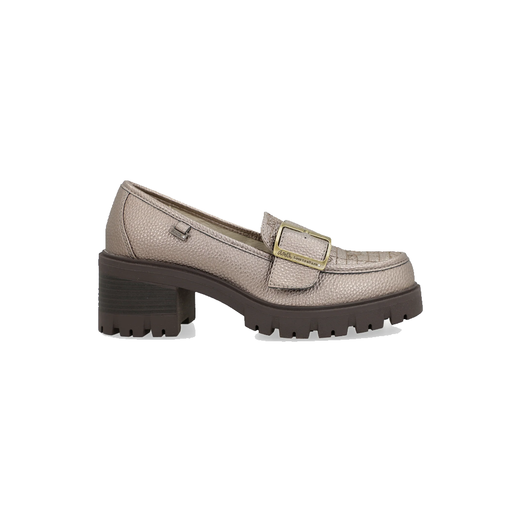 Mocassino donna Anekke Leon colore oro, suola carrarmato nero, punta quadrata fibbia decorativa