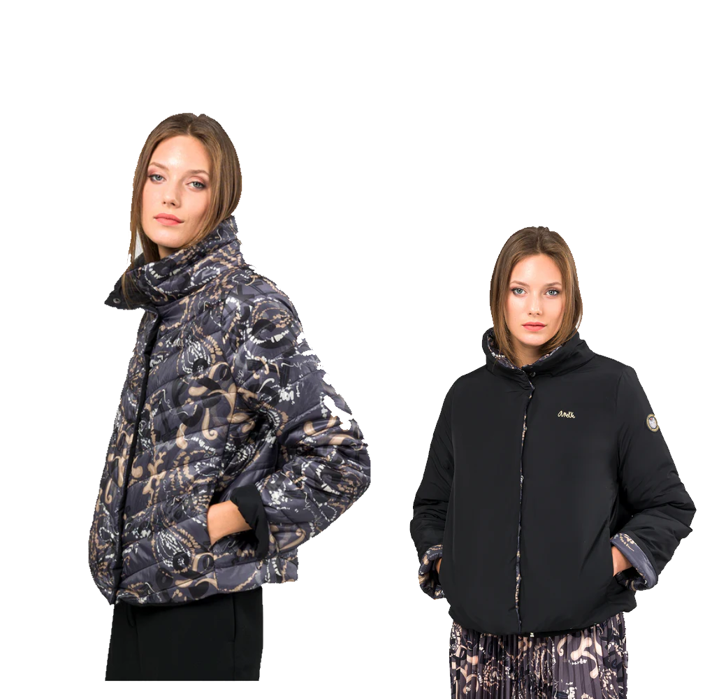 Giacca reversibile ANEKKE 41273-402, indossata da due modelle, che mostra i due lati del capo