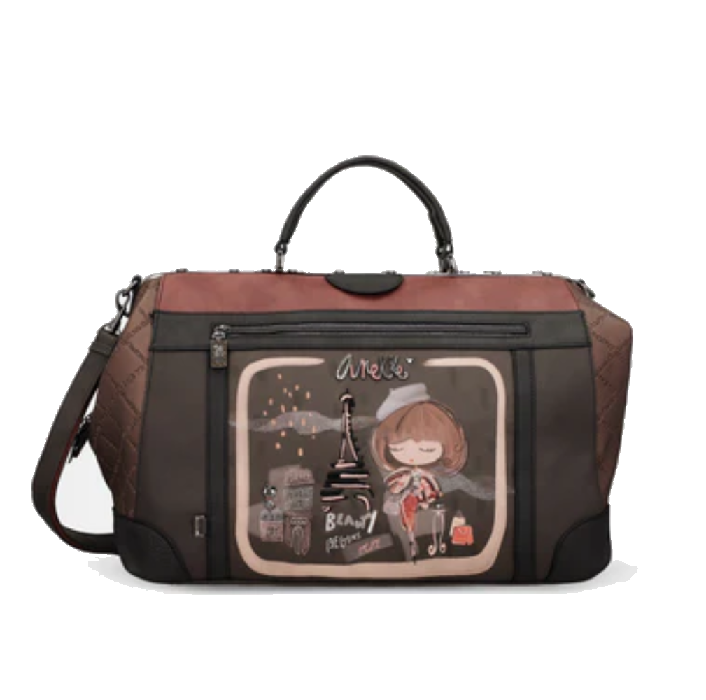 anekke anekke borsa da viaggio 41808-401 - foto 1 Borsa da viaggio ANEKKE marrone e nera con decorazione illustrata, maniglia e tracolla