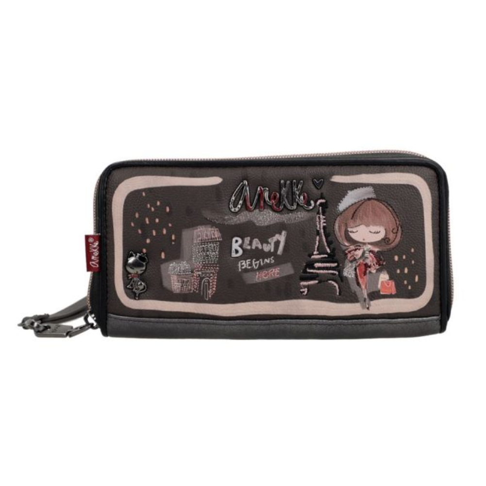 anekke anekke portafoglio donna 41809-908 - foto 1 Portafoglio donna nero con illustrazioni di Parigi, personaggi e dettagli in rosso, chiusura con zip