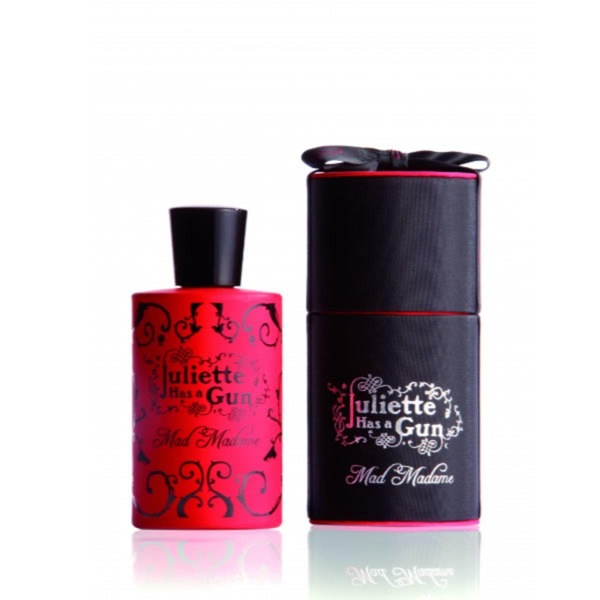 Bottiglia di profumo rosso e nera JULIETTE MAD MADAME con confezione, formato 100ml