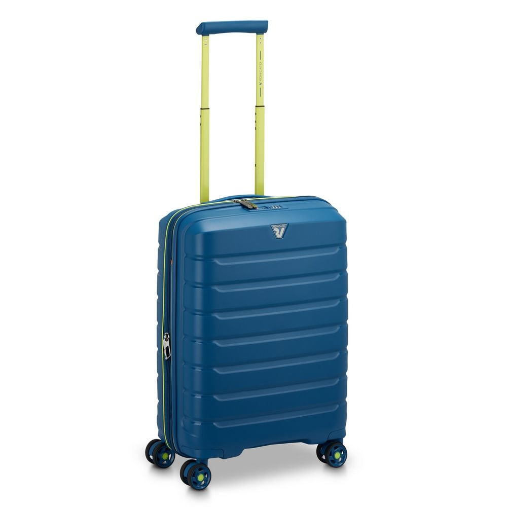 Trolley piccola Roncato Flying Move blu laguna, vista frontale con manico telescopico