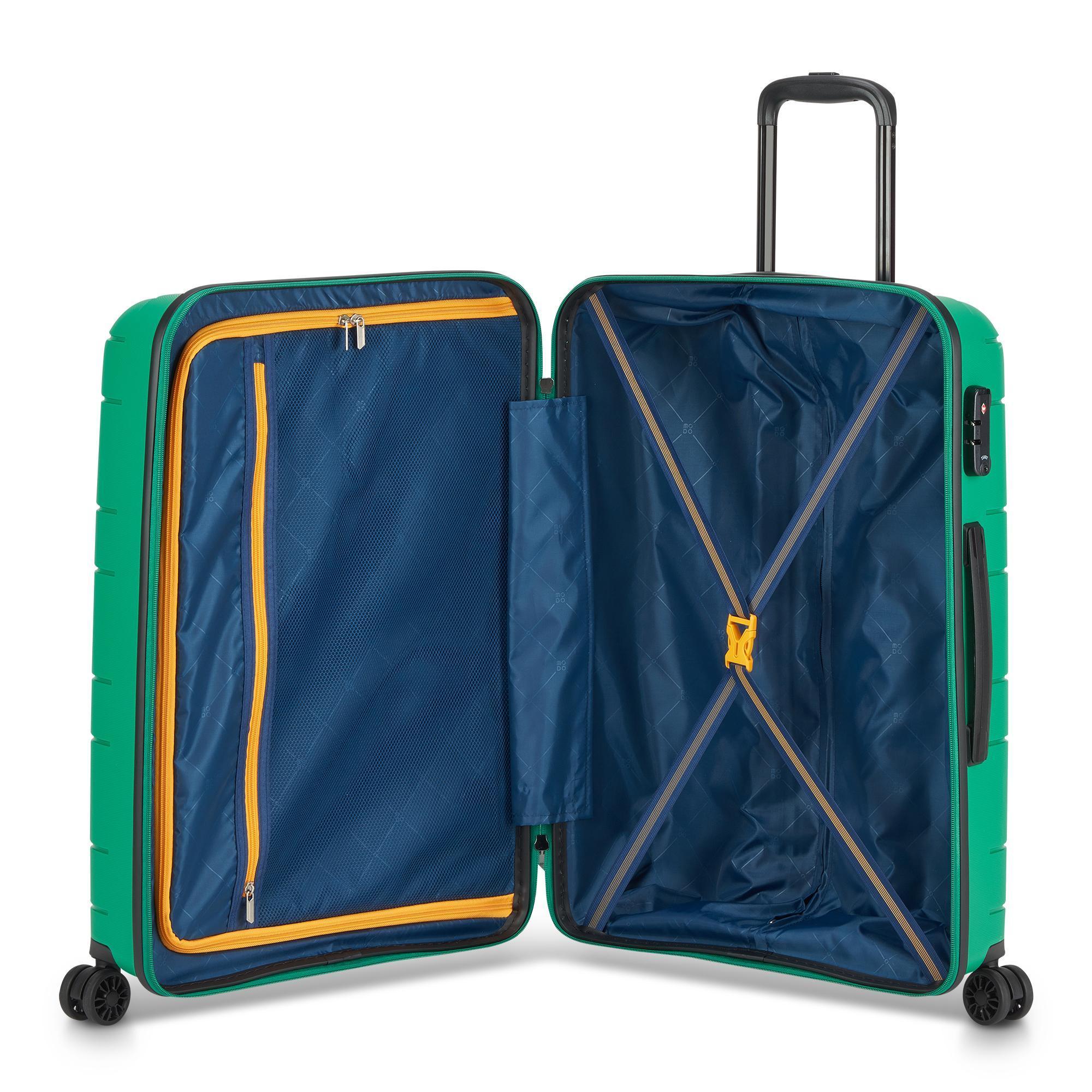 Trolley aperto con interno blu navy, maniglie arancioni, e trolley chiuso verde a fianco