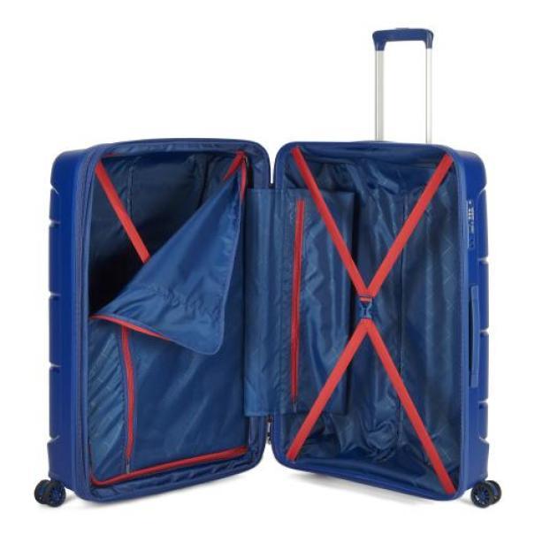 Trolley aperto, interno con scompartimenti rossi e blu