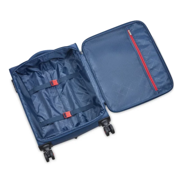 Trolley aperto con scomparti interni, tasche in rete e sistema organizzativo con zip rossa