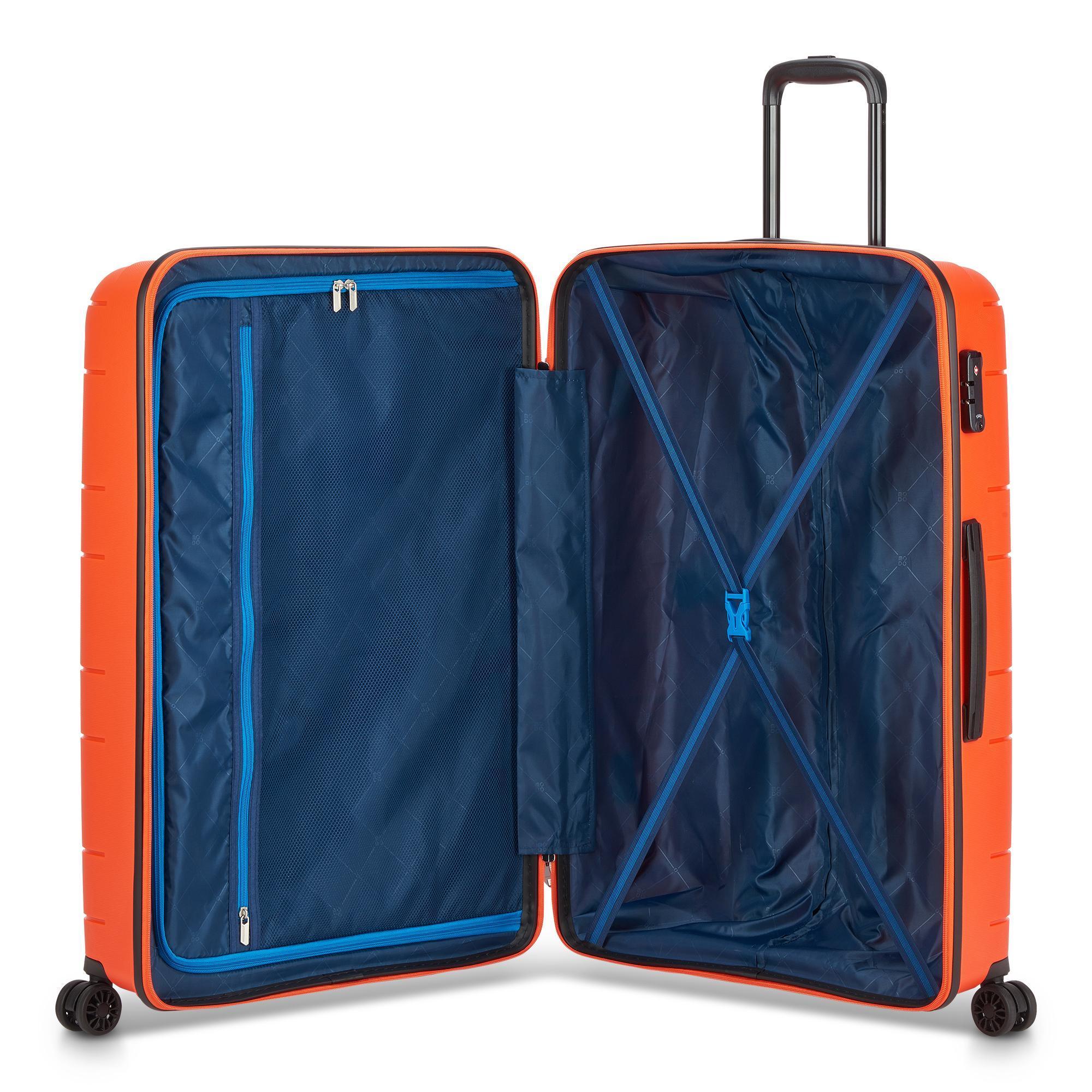 interno trolley aperto con doppio vano, fodera blu scuro, divisori e cinghie di fissaggio