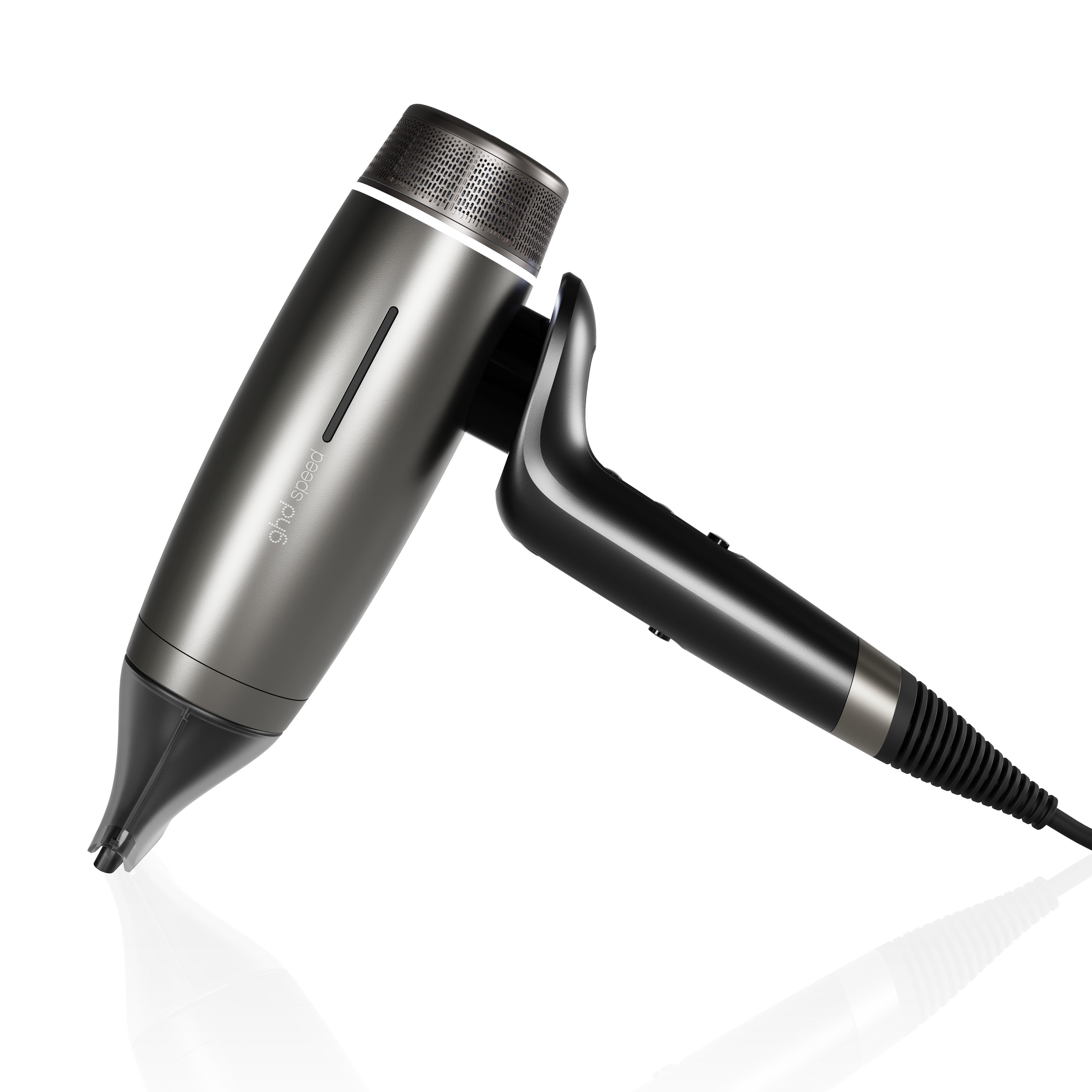 Phon GHD Speed nero metallizzato, angolazione 3/4, corpo tubolare con manico nero