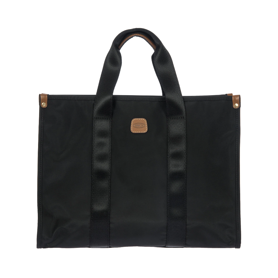 bric's-x-collection-borsa-opera-s-nero Borsa opera BRIC'S X-Collection nera, vista frontale, maniglie, dettagli pelle marrone