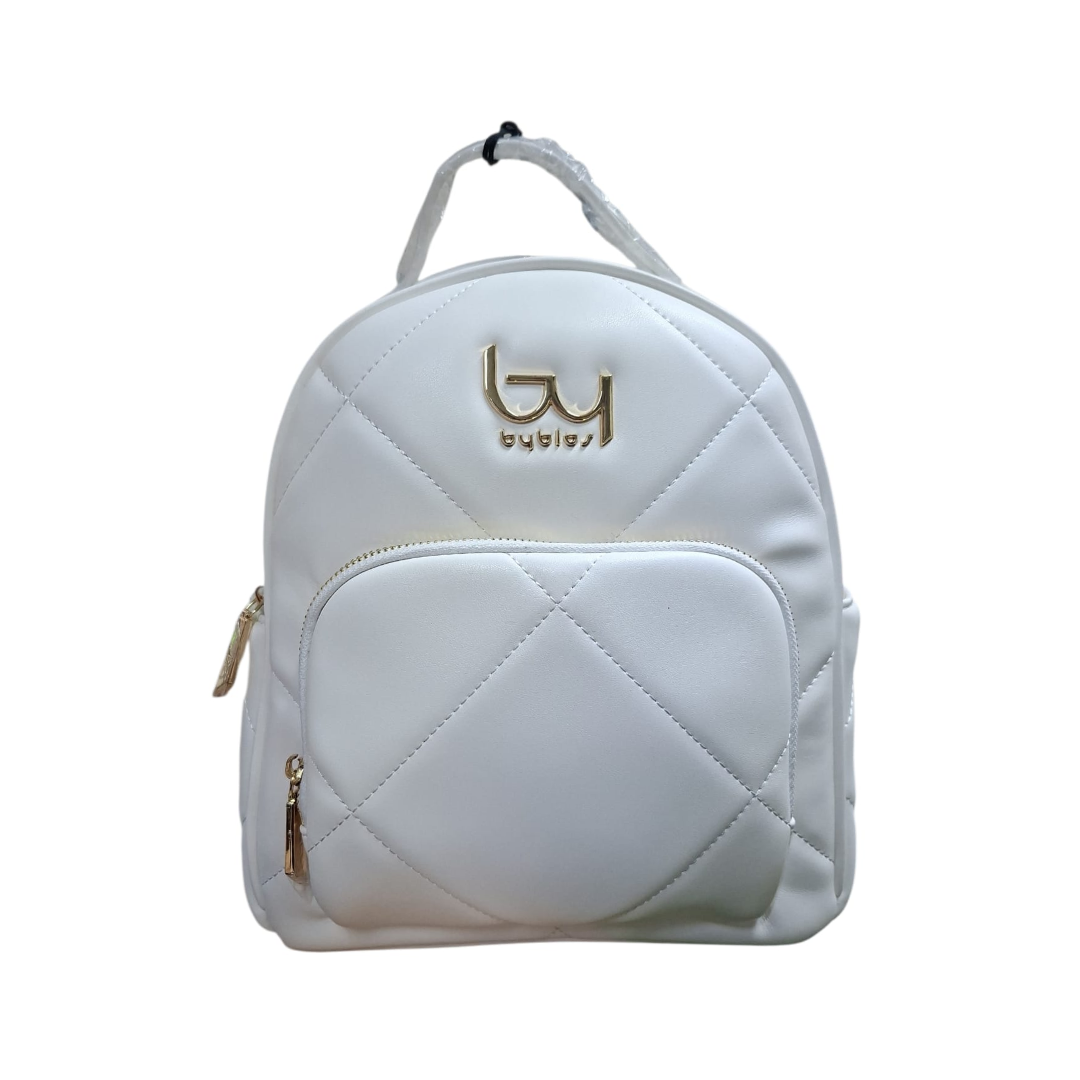 Zaino Byblos bianco con logo dorato, vista frontale, maniglie grigie