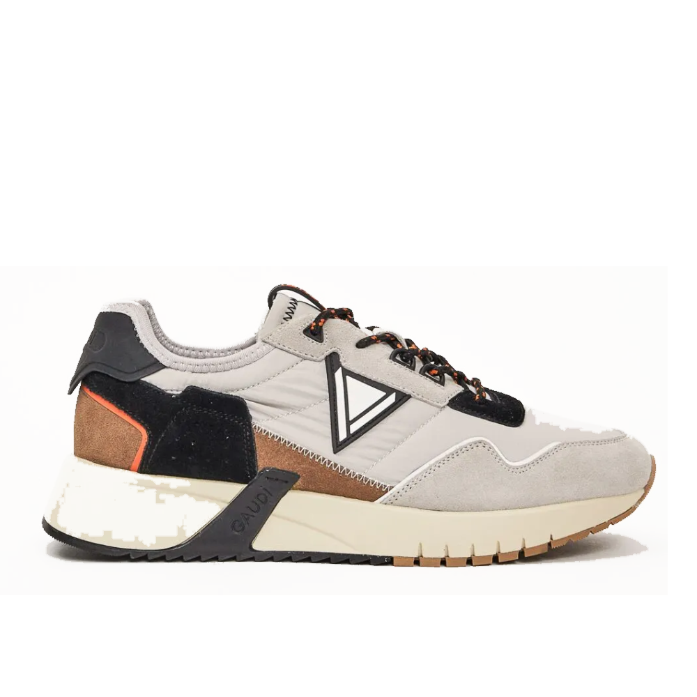 GAUDI sneaker uomo suede nylon grigio nero arancione, vista profilo destro