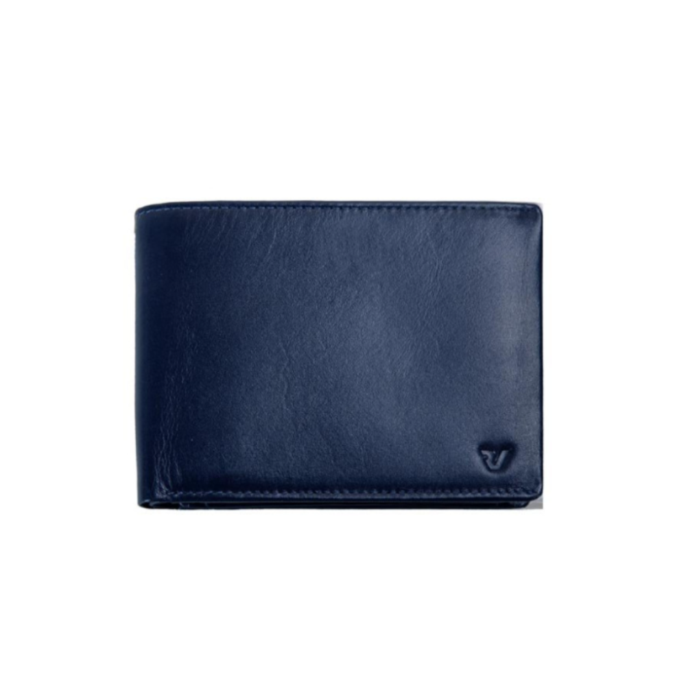 Portafoglio orizzontale in pelle blu navy con patta laterale e logo RONCATO